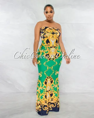 Veneca Green Multi-Color Print Lace-Up Back Maxi Dress