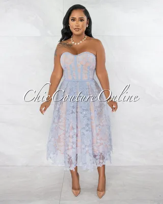 Gabanna Baby Blue Blush Lace Overlay Midi Dress