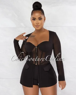 Priyah Black Long Peplum Mesh Top & Shorts Set