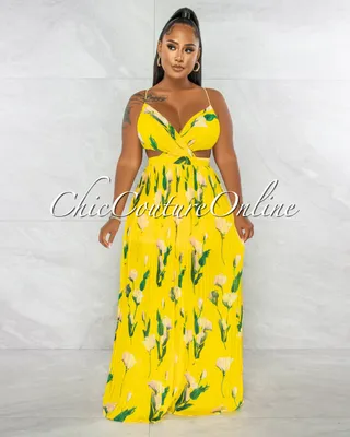 Megan Yellow Leaf Print Cut-Out Pleated Maxi Dress