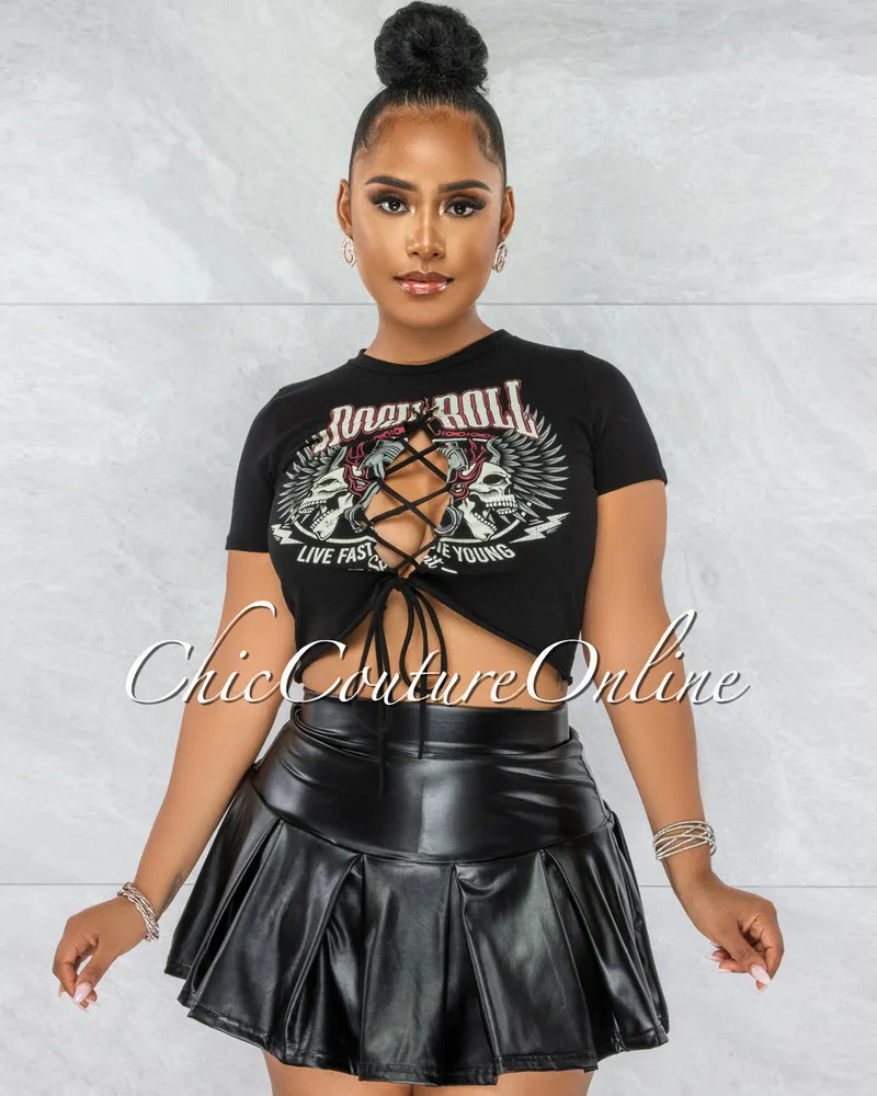 Jearl Black Faux Leather Pleated Mini Skort