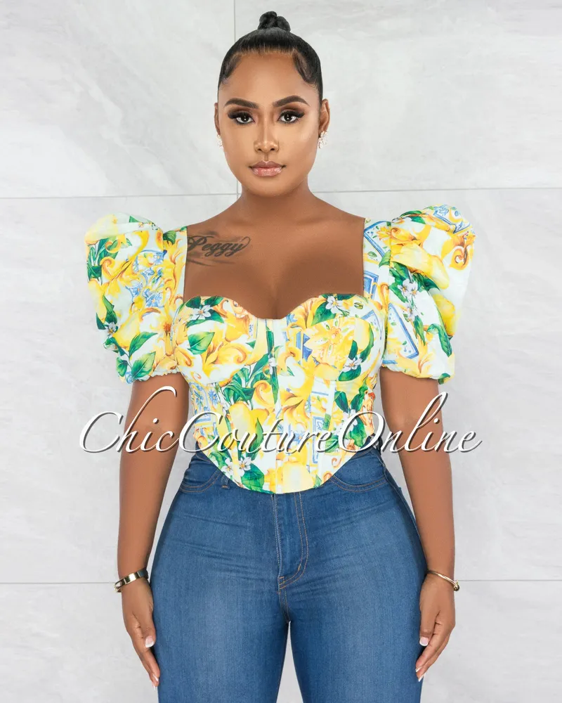 Chic Couture Online Paine Yellow Green Print Corset Style Crop Top
