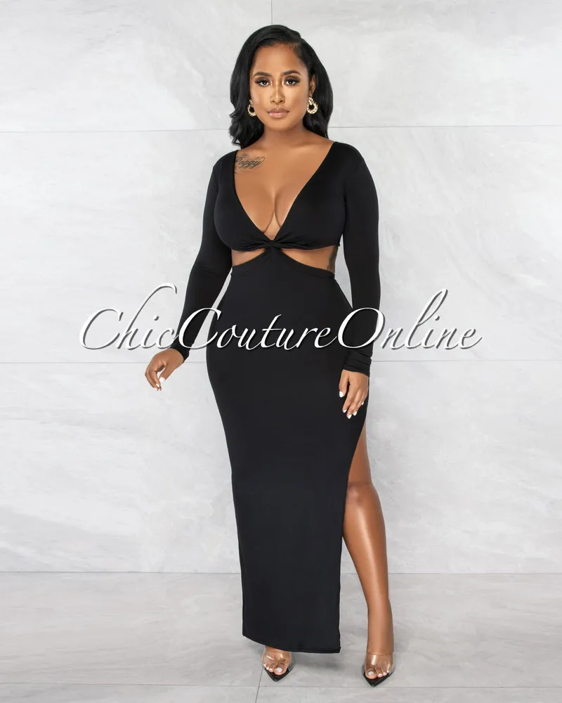 Going for the Wow Black Long Sleeve Cutout Maxi Dress