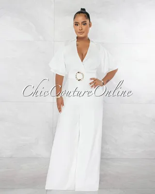 Garcia Off-White Bubble Sleeves Gold Buckle Belt Silky Jumpsuit