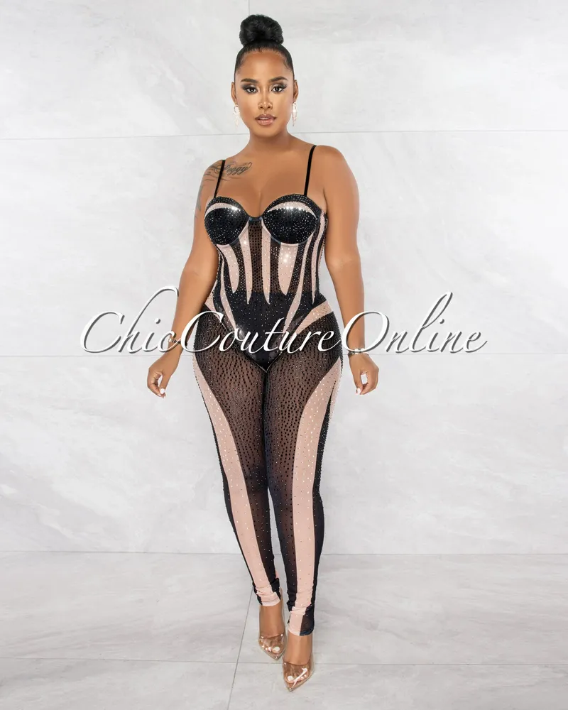 Chic Couture Online Bosada Black Nude Rhinestones Sheer Bodysuit & Leggings  Set