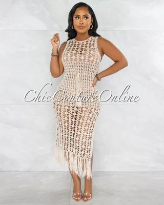 Millan Nude Crochet Cover-Up Midi Dress