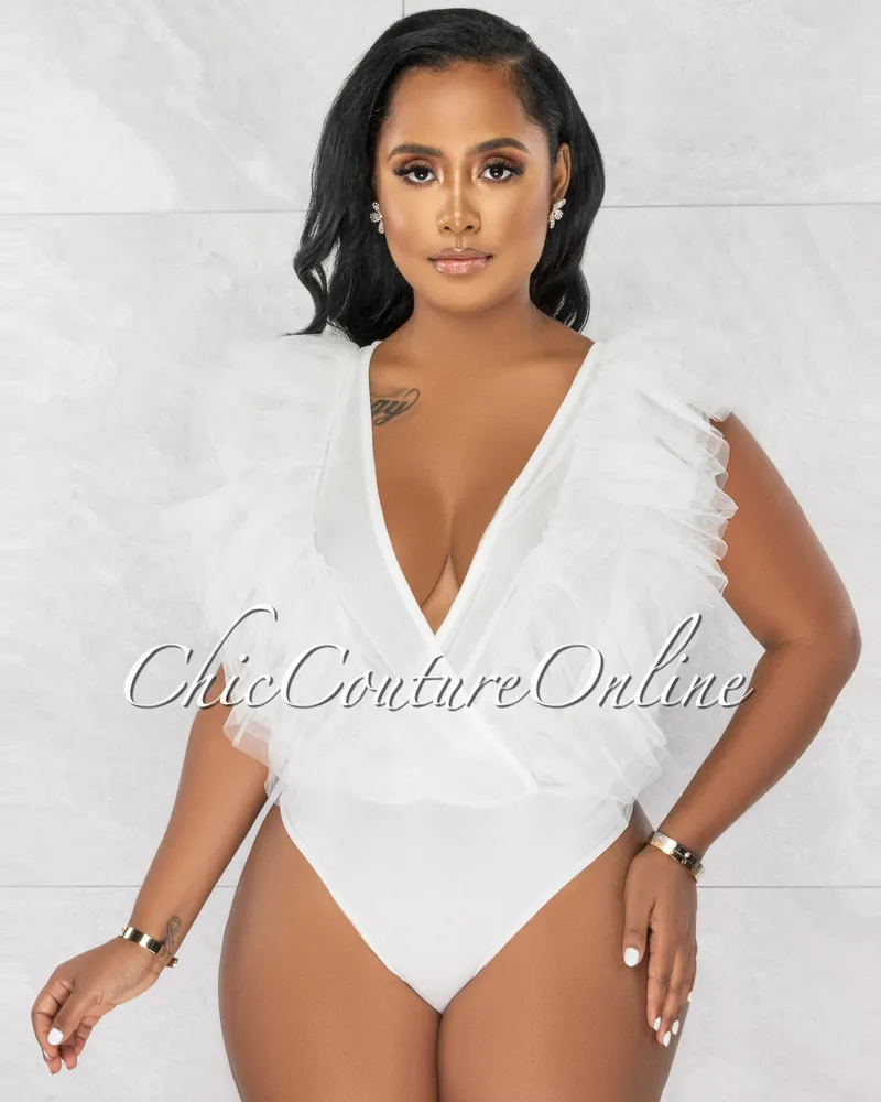Chic Couture Online Emma Off-White Mesh See-Through Deep V Ruffle Bodysuit