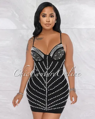 Stark Black Mesh Rhinestones & Pearls Mini Dress