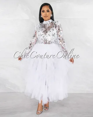 Badru Silver Sequins Sheer Top White Ruffle Tulle Bodysuit Midi Dress