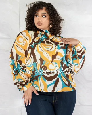 Ryleigh Yellow Turquoise Print Long Sleeves CURVY Blouse