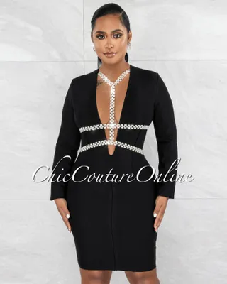 Reneta Black Deep V Rhinestones Décor Bandage Dress