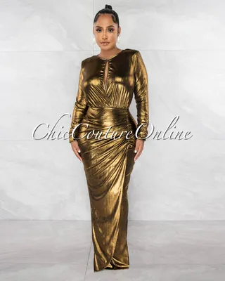 Malika Gold Black Shimmer Bust Cut-Out Draped Maxi Dress