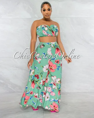 Helia Sage Floral Print Draped Crop Top & Wide Pants Set