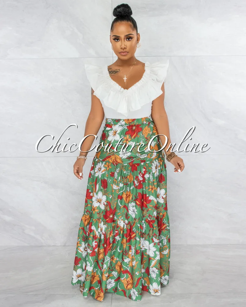 Hirma Green Rust Floral Print Maxi Skirt