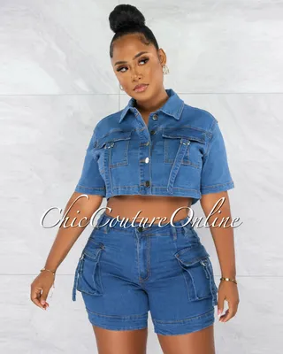 Dublin Medium Denim Crop Top & Cargo Shorts Set