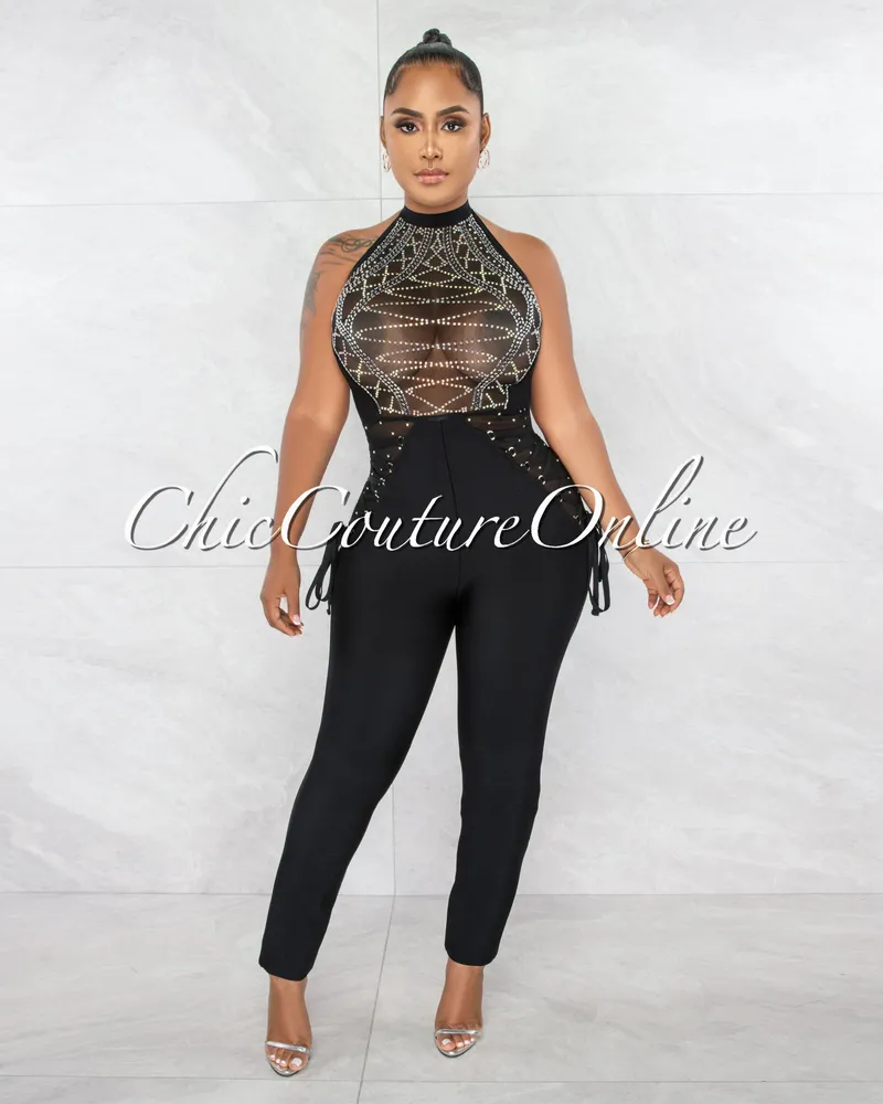 Nicanor Black Rhinestones Mesh Straps Bandage Jumpsuit