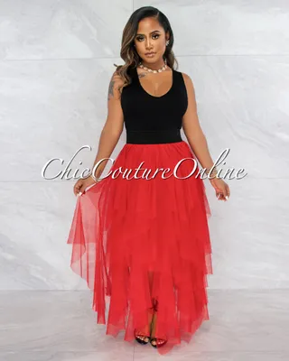 Vittoria Red Tulle Ruffle Black Waist Maxi Skirt