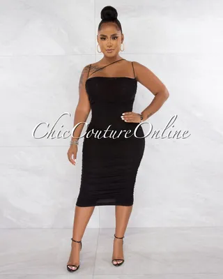 Zerada Black Mesh Ruched Midi Dress