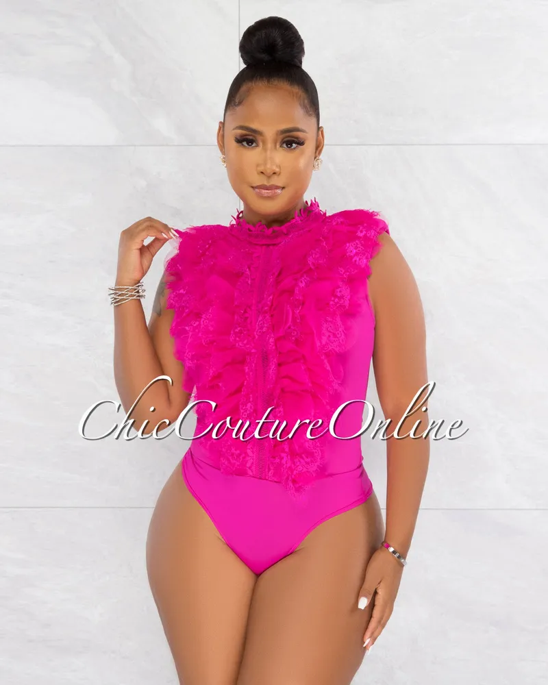 Saraid Fuchsia Lace Dramatic Ruffle Bodysuit