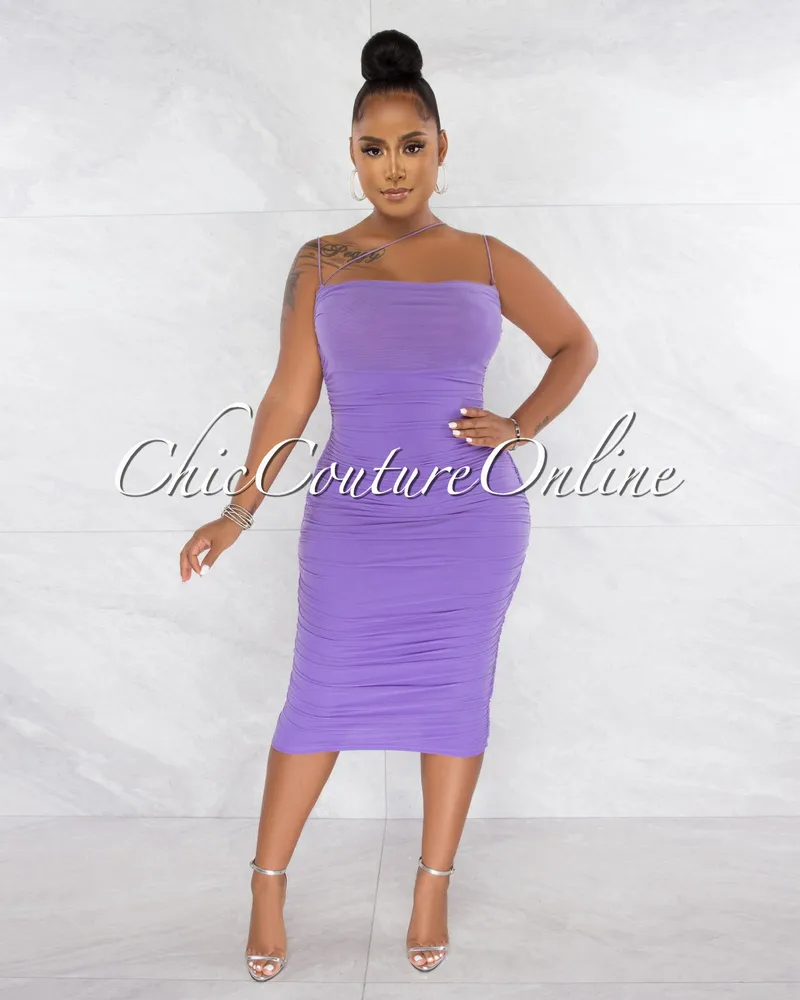 Chic Couture Online Zerada Lavender Mesh Ruched Midi Dress