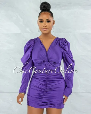 Jeniffer Purple Knot Top Ruched Satin Dress