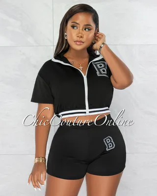 Libby Black White Crop Jacket & Sporty Shorts Set