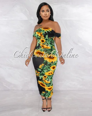 Norvel Black Sunflower Print Ruched Midi Dress