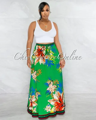 Jayna Kelly Green Tropical Floral Print Maxi Skirt