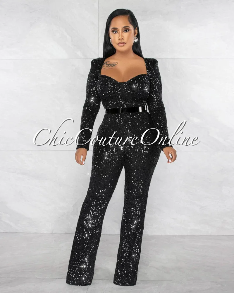 Cooner Black Sequins Bendable Belt Jumpsuit