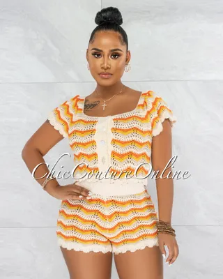 Ferran Ivory Orange Chevron Crochet Top & Shorts Set