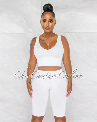 Jaiden White Ribbed Crop Top & Bike Shorts Set