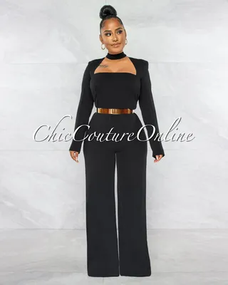 Gianna Black Padded Shoulders Gold Belt Luxe Jumpsuit