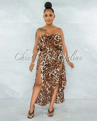 Zemalla Leopard Print Ruffle Strapless Slits Jumpsuit