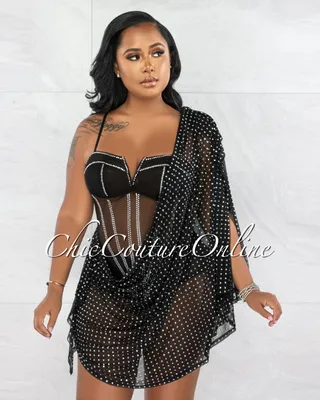 Maliha Black Rhinestones Mesh Overlay Mini Bodysuit Dress