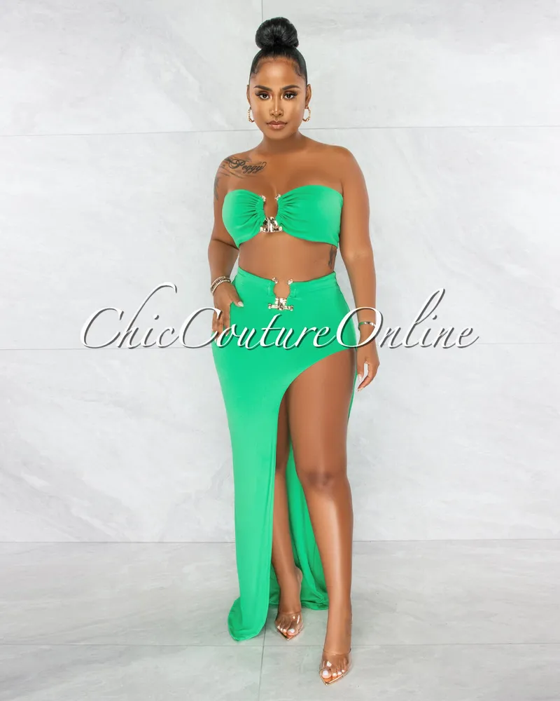 Alyza Kelly Green Gold Accent Top & Maxi Slit Skirt Set