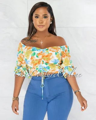 Riley White Multi-Color Floral Draped Sleeves Crop Top
