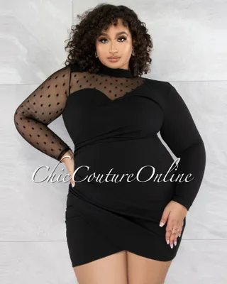 Rusabel Black Polka Dots Tulle Single Sleeve CURVY Dress