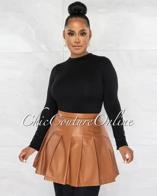 Farah Camel Vegan Leather Pleated Mini Skirt