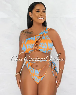 Chand Orange Turquoise Lace-Up Single Shoulder Two Piece Swimsuit
