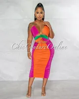Lauryn Green Orange Magenta Block Color Ruched Midi Dress