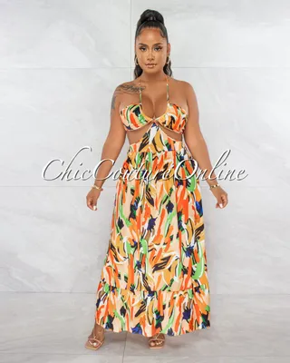 Karol Orange Multi-Color Print Halter Cut-Out Maxi Dress