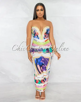 Muriel Ivory Multi-Color Print Crop Top & Ruched Skirt Set