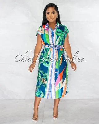 Crecia Multi-Color Print Self-Tie Belt Shirt Dress