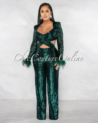 Thorne Hunter Green Sequins Cut-Out Waist Feather Cuffs Jumpsuit