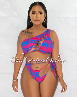 Chand Fuchsia Blue Lace-Up Single Shoulder Two Piece Swimsuit