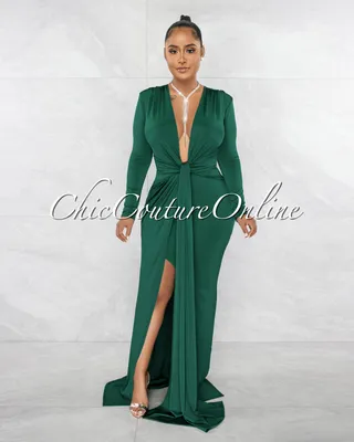 Hadwin Hunter Green Deep V-Neck Front Strap & Slit Maxi Dress