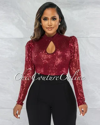 Sentida Wine Red Sequins Key-Hole Bust Bodysuit