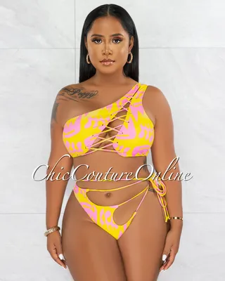 Chand Yellow Pink Lace-Up Single Shoulder Two Piece Swimsuit