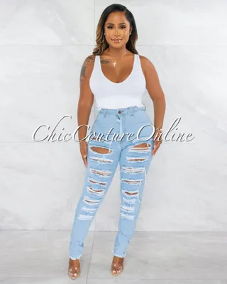 Yanaba Light Denim Distressed Straight Legs Jeans