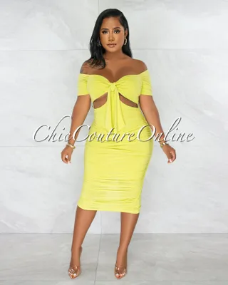 Morcan Lime Green Cut-Out Ruched Midi Dress